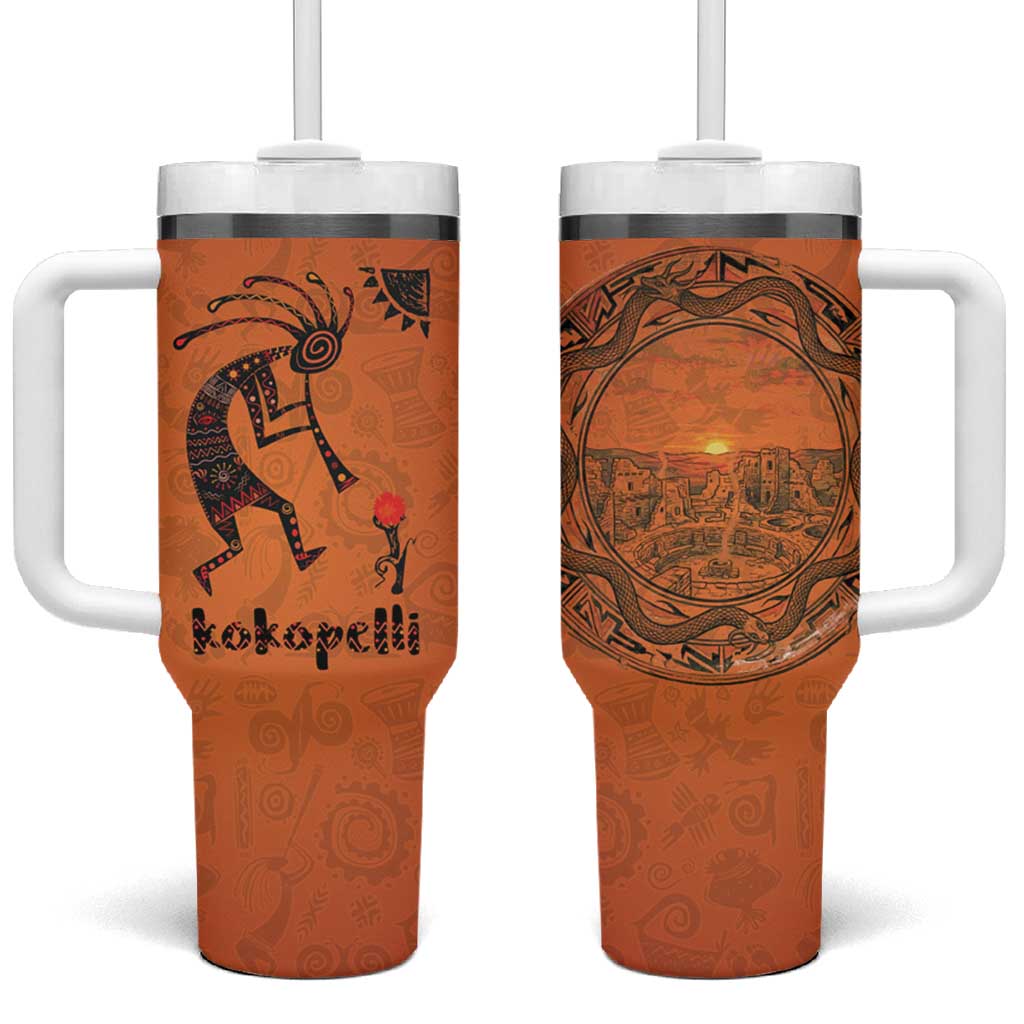 Kokopelli Tribal Tumbler With Handle Native American Southwestern Petroglyph Patterns Sunset Landscape - Wonder Print Shop