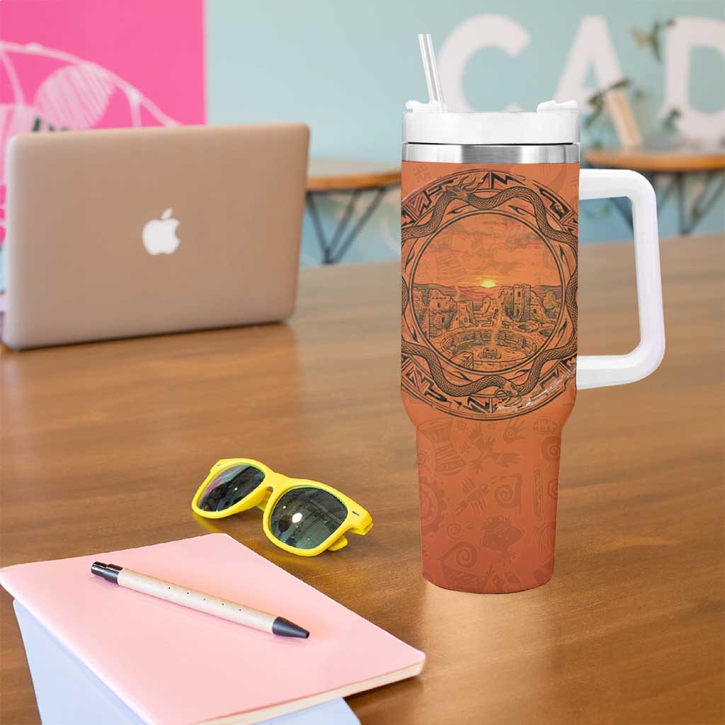 Kokopelli Tribal Tumbler With Handle Native American Southwestern Petroglyph Patterns Sunset Landscape - Wonder Print Shop