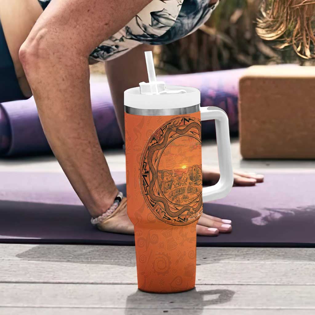 Kokopelli Tribal Tumbler With Handle Native American Southwestern Petroglyph Patterns Sunset Landscape - Wonder Print Shop