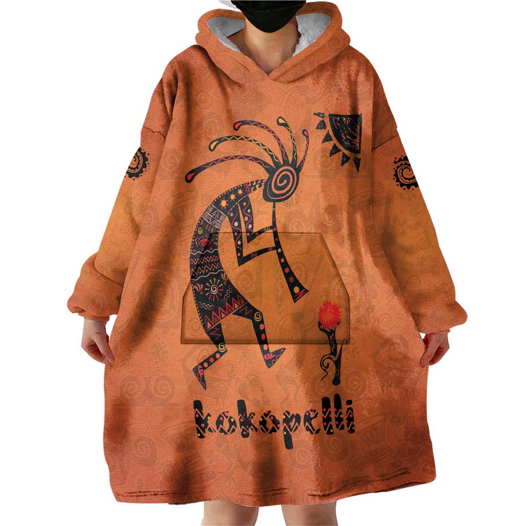Kokopelli Tribal Wearable Blanket Hoodie Native American Southwestern Petroglyph Patterns Sunset Landscape - Wonder Print Shop