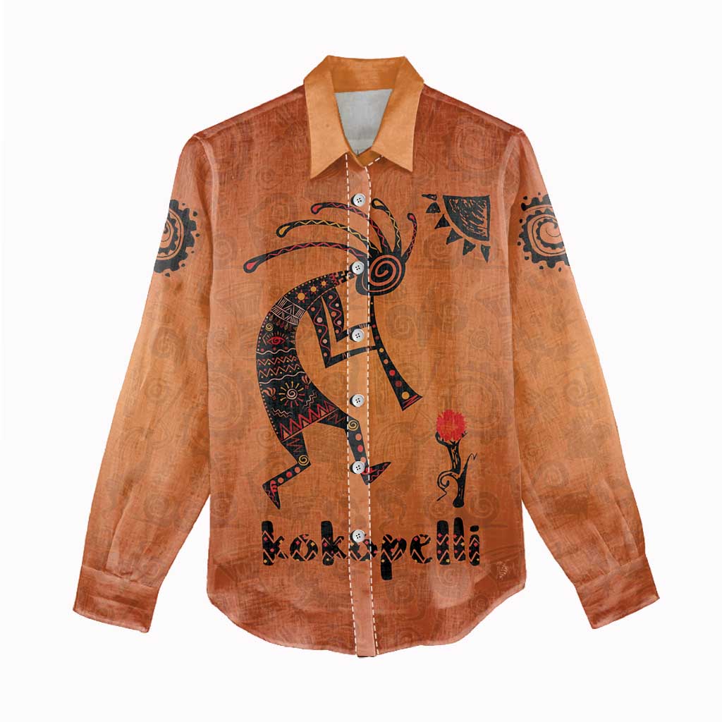 Kokopelli Tribal Women Casual Shirt Native American Southwestern Petroglyph Patterns Sunset Landscape - Wonder Print Shop