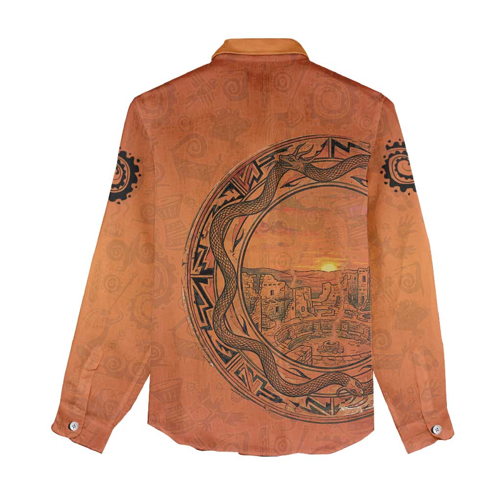 Kokopelli Tribal Women Casual Shirt Native American Southwestern Petroglyph Patterns Sunset Landscape - Wonder Print Shop