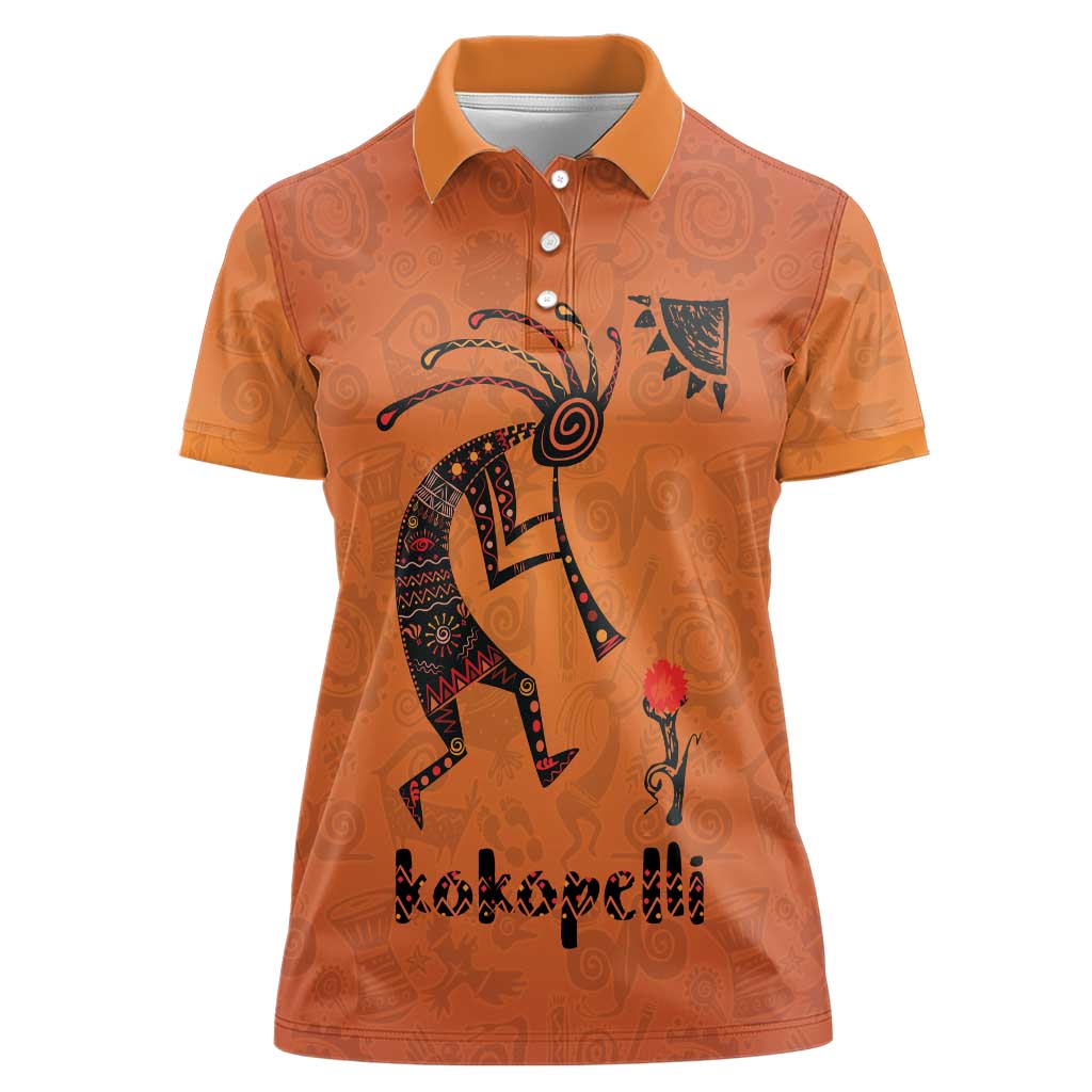 Kokopelli Tribal Women Polo Shirt Native American Southwestern Petroglyph Patterns Sunset Landscape - Wonder Print Shop