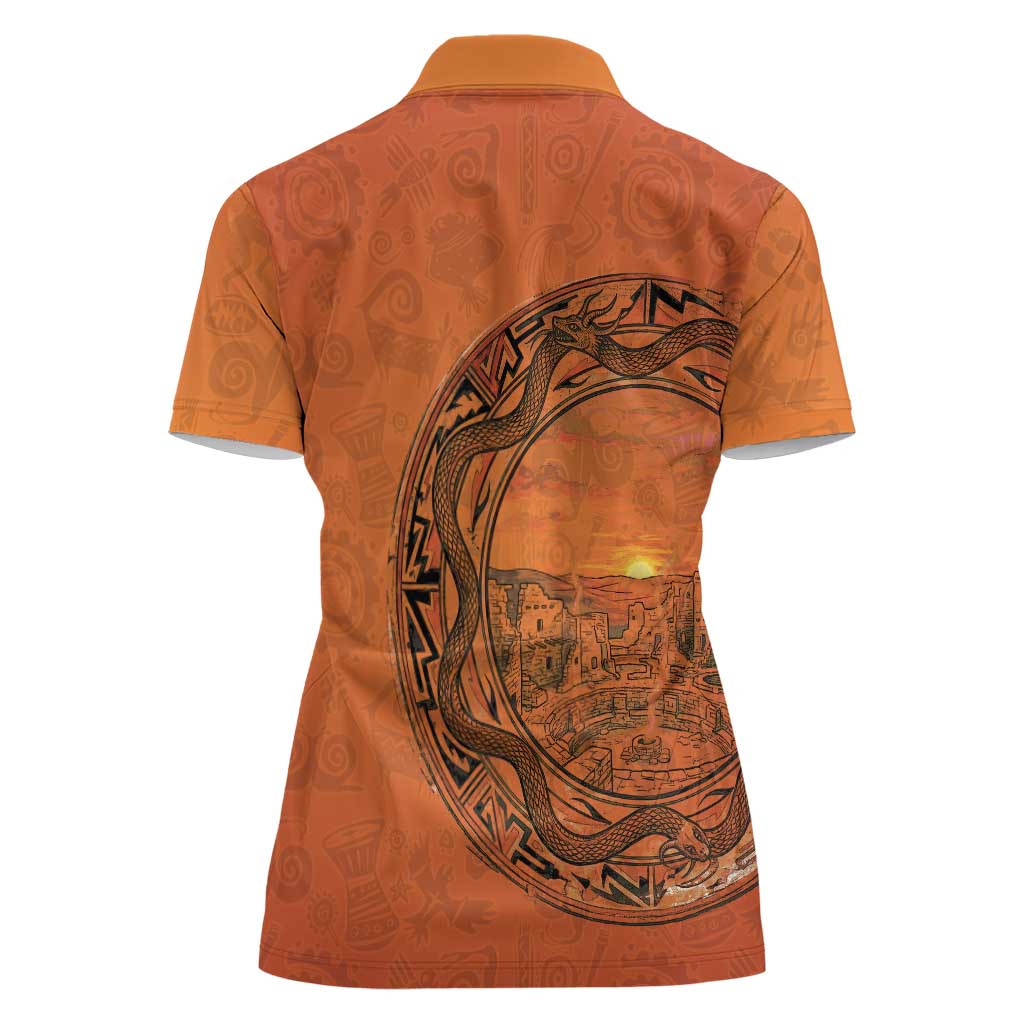 Kokopelli Tribal Women Polo Shirt Native American Southwestern Petroglyph Patterns Sunset Landscape - Wonder Print Shop