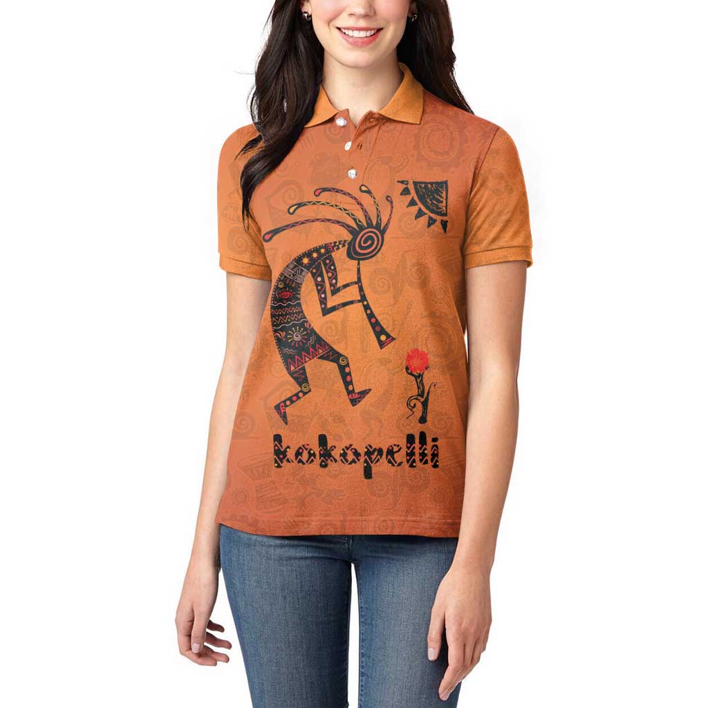 Kokopelli Tribal Women Polo Shirt Native American Southwestern Petroglyph Patterns Sunset Landscape - Wonder Print Shop