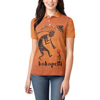 Kokopelli Tribal Women Polo Shirt Native American Southwestern Petroglyph Patterns Sunset Landscape - Wonder Print Shop