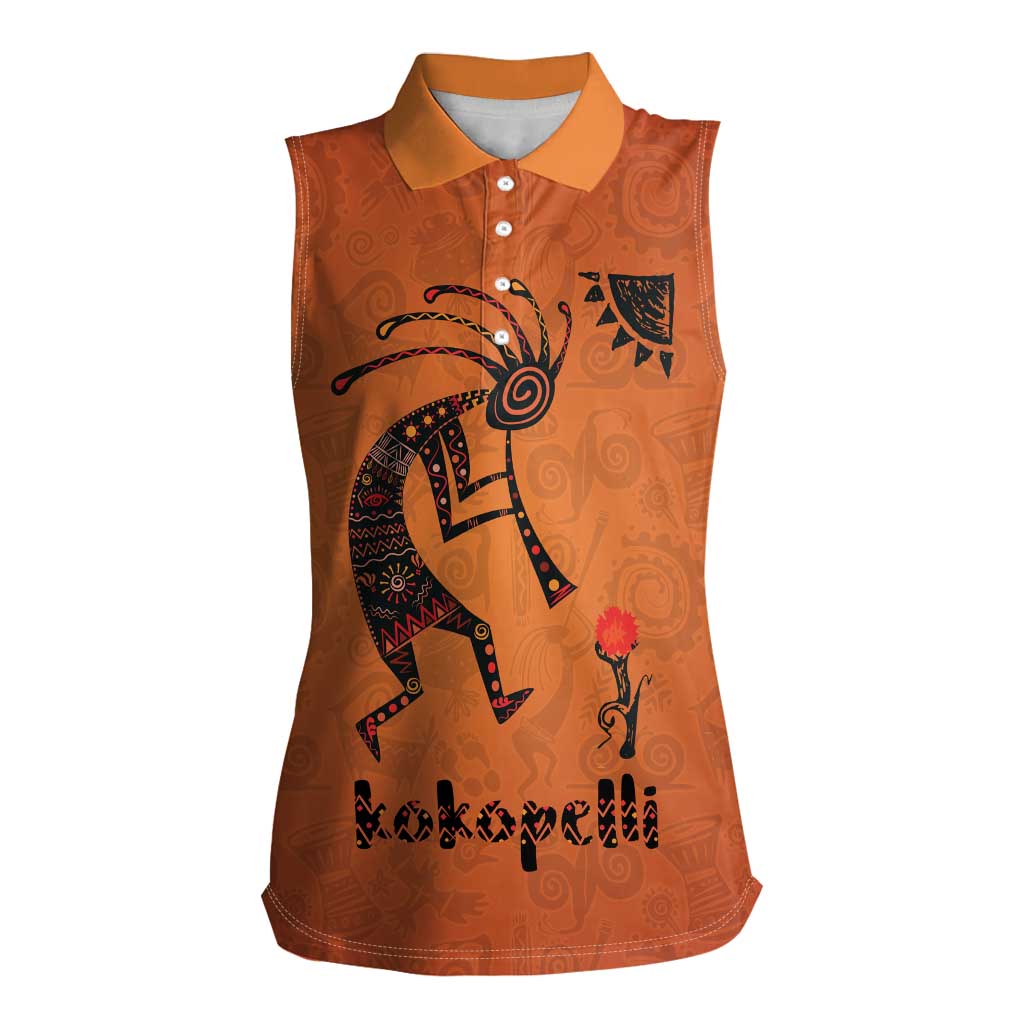 Kokopelli Tribal Women Sleeveless Polo Shirt Native American Southwestern Petroglyph Patterns Sunset Landscape - Wonder Print Shop