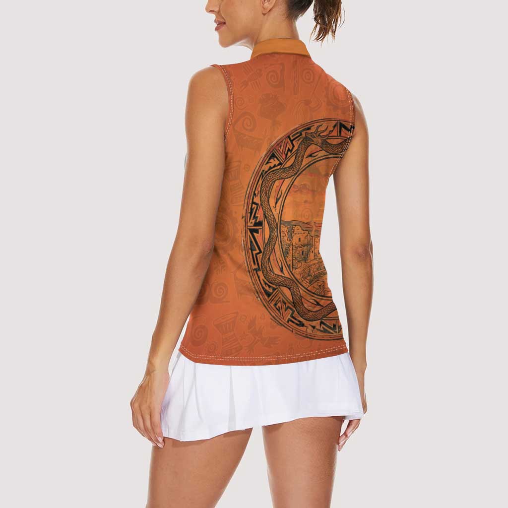 Kokopelli Tribal Women Sleeveless Polo Shirt Native American Southwestern Petroglyph Patterns Sunset Landscape - Wonder Print Shop