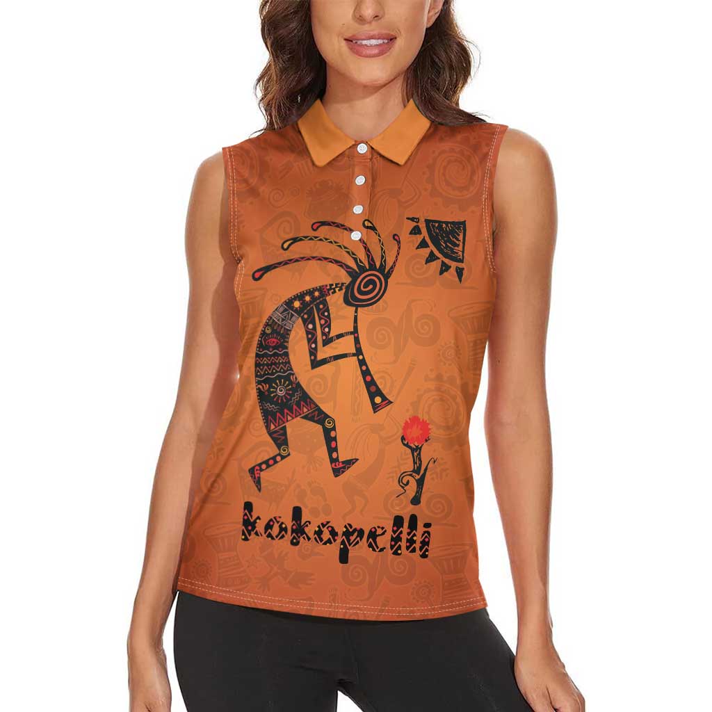 Kokopelli Tribal Women Sleeveless Polo Shirt Native American Southwestern Petroglyph Patterns Sunset Landscape - Wonder Print Shop