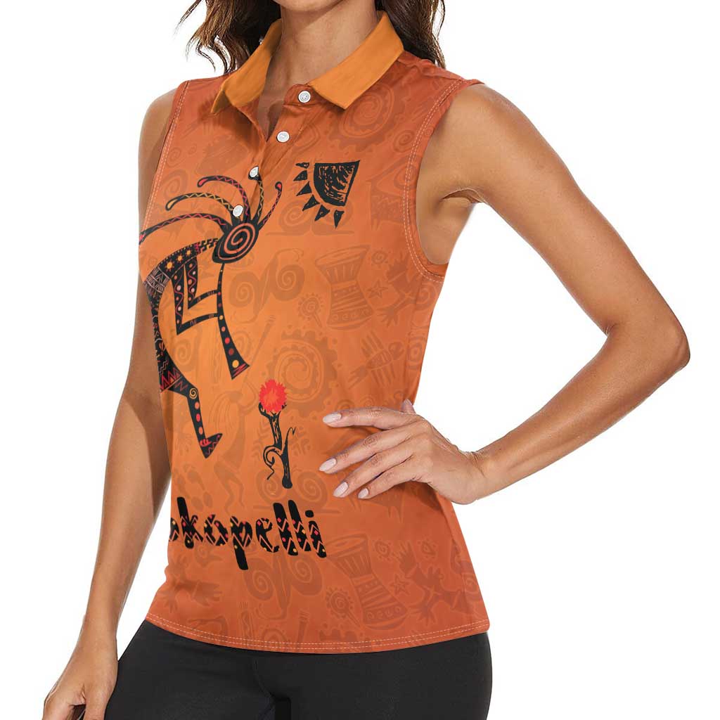Kokopelli Tribal Women Sleeveless Polo Shirt Native American Southwestern Petroglyph Patterns Sunset Landscape - Wonder Print Shop