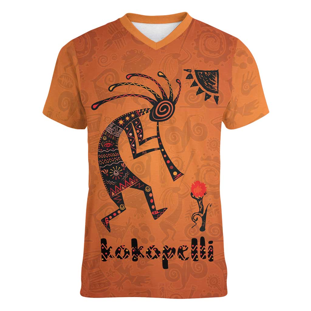 Kokopelli Tribal Women V-Neck T-Shirt Native American Southwestern Petroglyph Patterns Sunset Landscape - Wonder Print Shop