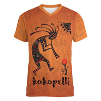 Kokopelli Tribal Women V-Neck T-Shirt Native American Southwestern Petroglyph Patterns Sunset Landscape - Wonder Print Shop