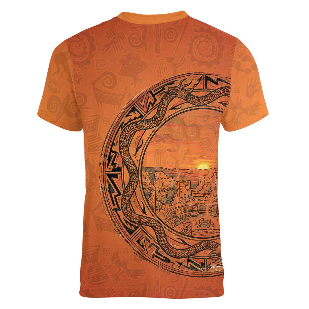Kokopelli Tribal Women V-Neck T-Shirt Native American Southwestern Petroglyph Patterns Sunset Landscape - Wonder Print Shop