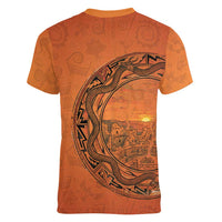 Kokopelli Tribal Women V-Neck T-Shirt Native American Southwestern Petroglyph Patterns Sunset Landscape - Wonder Print Shop