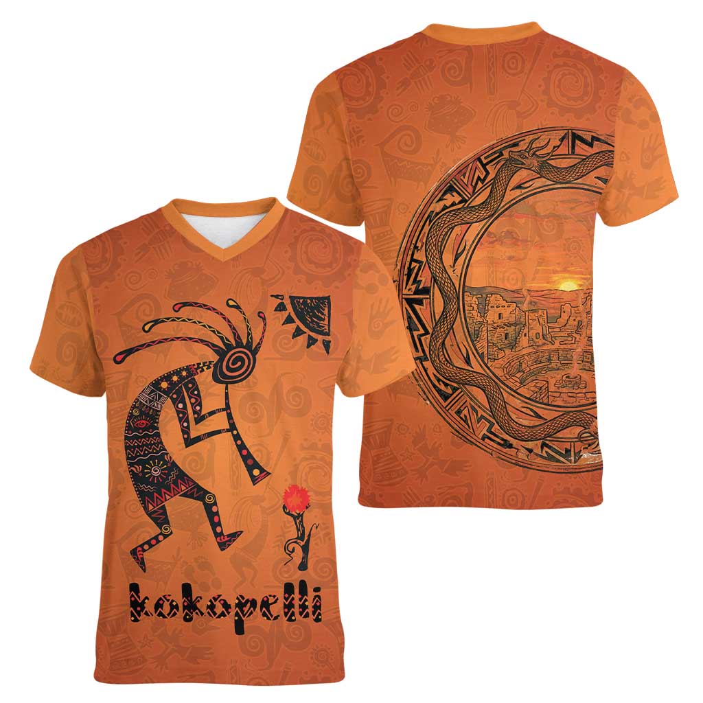 Kokopelli Tribal Women V-Neck T-Shirt Native American Southwestern Petroglyph Patterns Sunset Landscape - Wonder Print Shop