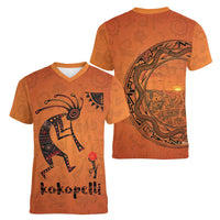 Kokopelli Tribal Women V-Neck T-Shirt Native American Southwestern Petroglyph Patterns Sunset Landscape - Wonder Print Shop