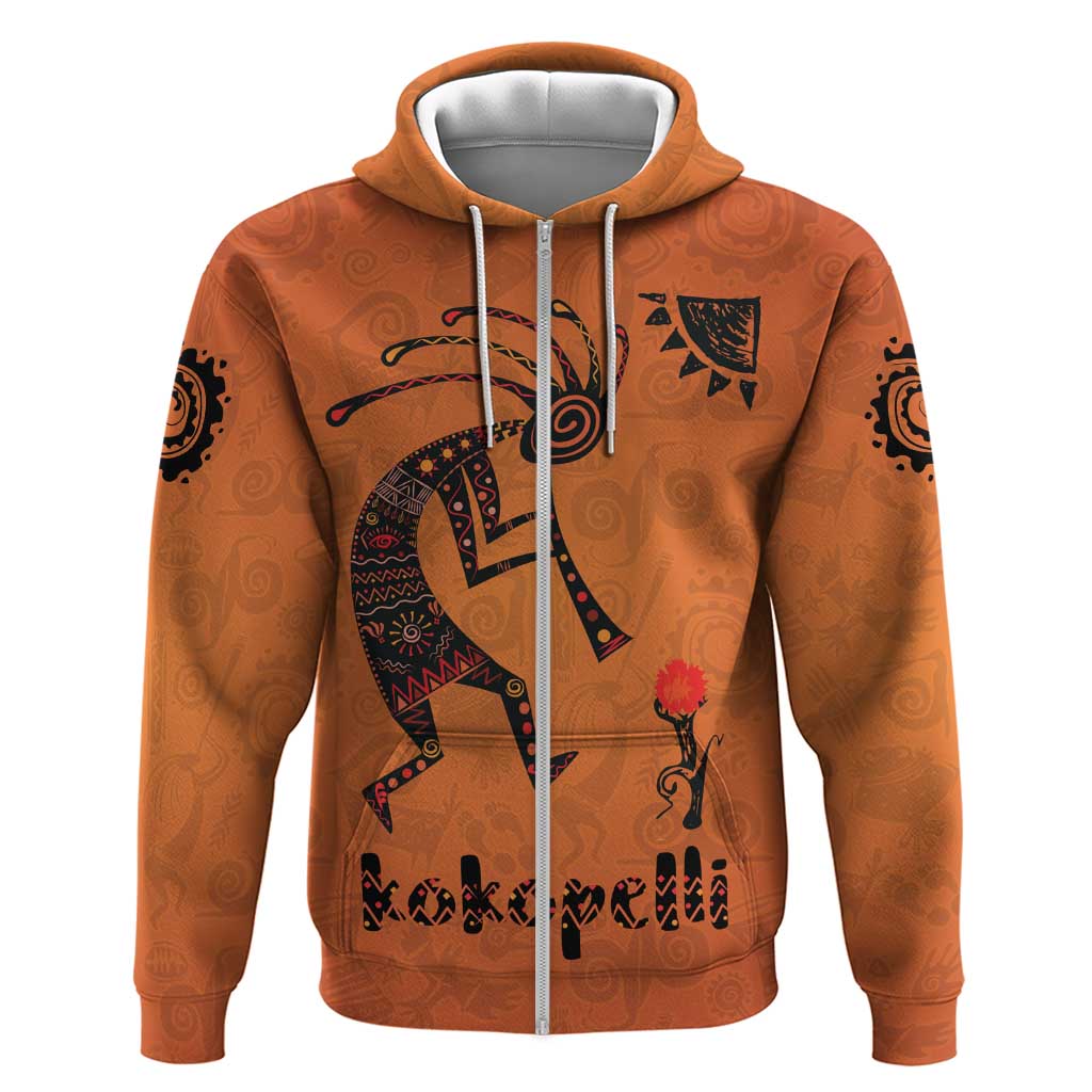 Kokopelli Tribal Zip Hoodie Native American Southwestern Petroglyph Patterns Sunset Landscape - Wonder Print Shop