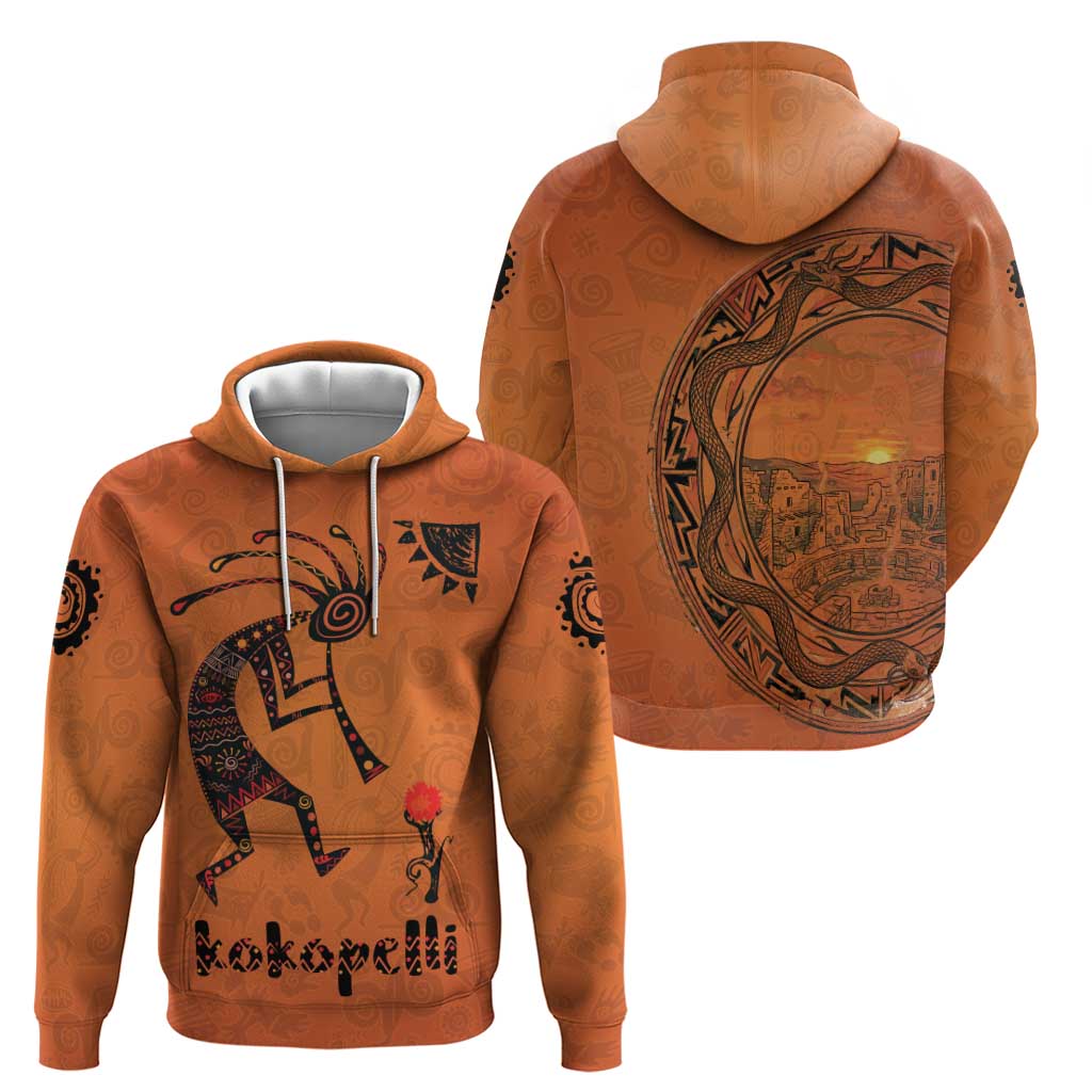 Kokopelli Tribal Zip Hoodie Native American Southwestern Petroglyph Patterns Sunset Landscape - Wonder Print Shop