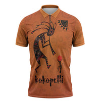 Kokopelli Tribal Zipper Polo Shirt Native American Southwestern Petroglyph Patterns Sunset Landscape - Wonder Print Shop