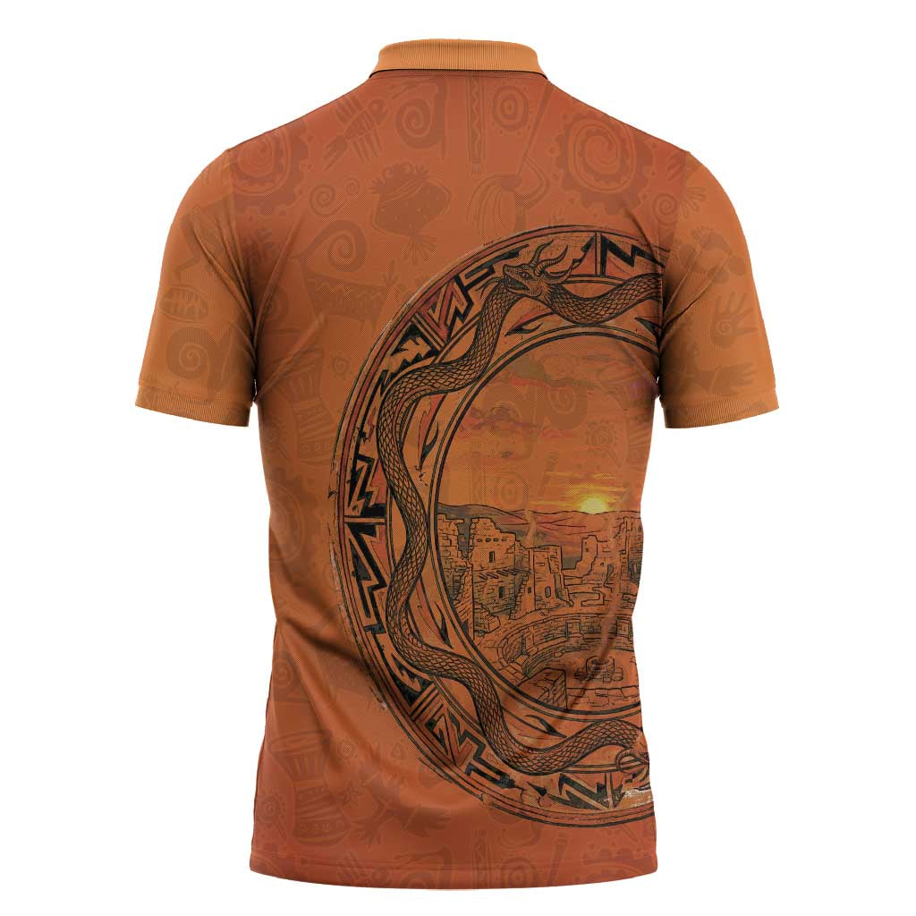 Kokopelli Tribal Zipper Polo Shirt Native American Southwestern Petroglyph Patterns Sunset Landscape - Wonder Print Shop