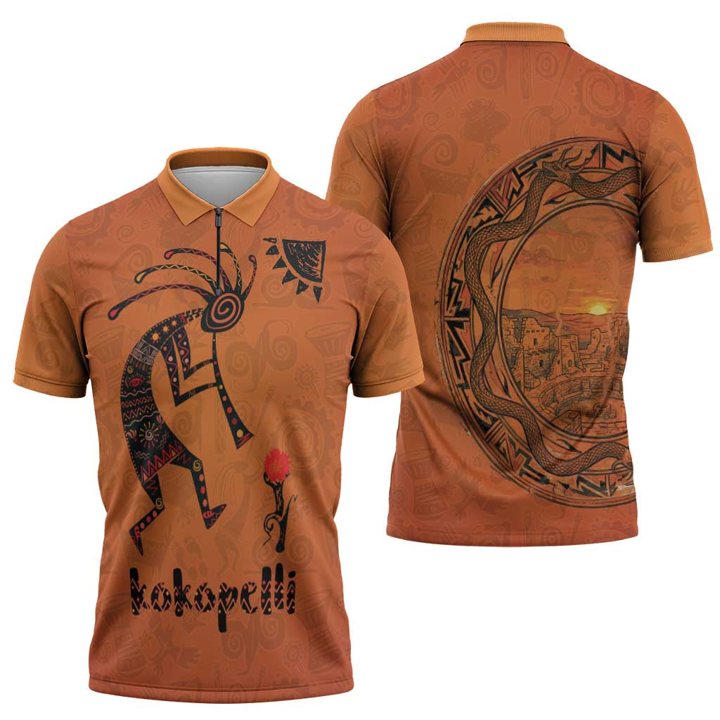 Kokopelli Tribal Zipper Polo Shirt Native American Southwestern Petroglyph Patterns Sunset Landscape - Wonder Print Shop