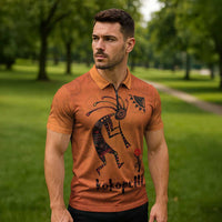 Kokopelli Tribal Zipper Polo Shirt Native American Southwestern Petroglyph Patterns Sunset Landscape - Wonder Print Shop