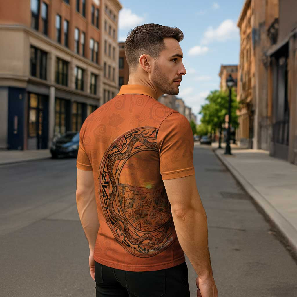 Kokopelli Tribal Zipper Polo Shirt Native American Southwestern Petroglyph Patterns Sunset Landscape - Wonder Print Shop