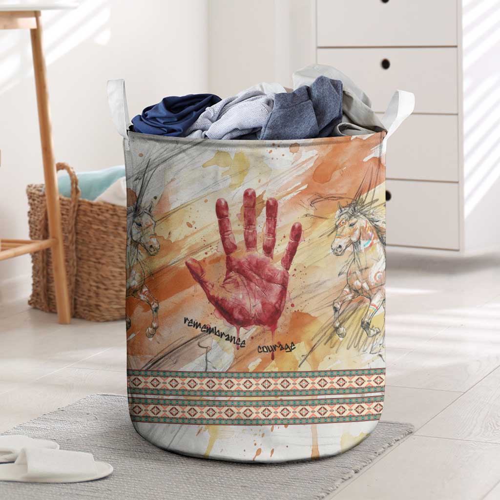 Native American Red Handprint Laundry Basket Watercolor Paint Splash and Brave Horse Art - Wonder Print Shop