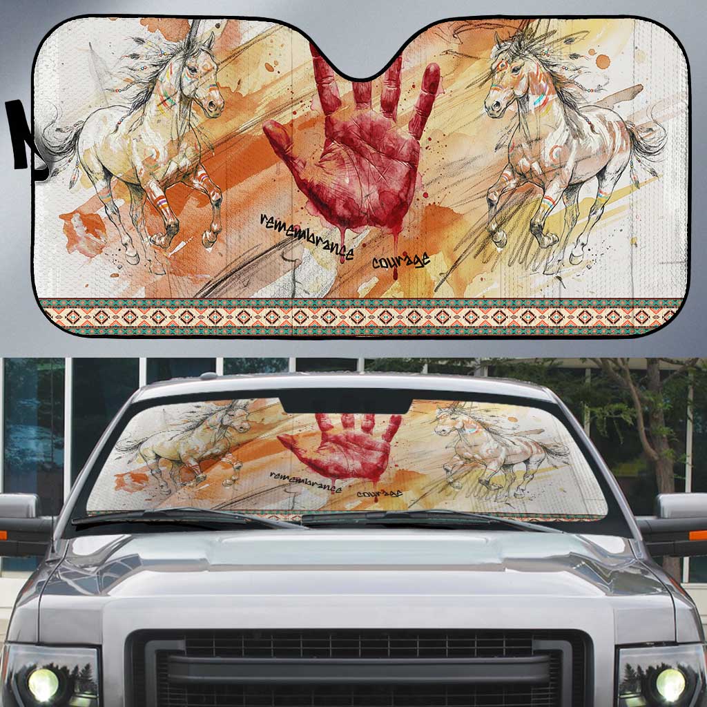Native American Red Handprint Auto Sun Shade Watercolor Paint Splash and Brave Horse Art - Wonder Print Shop