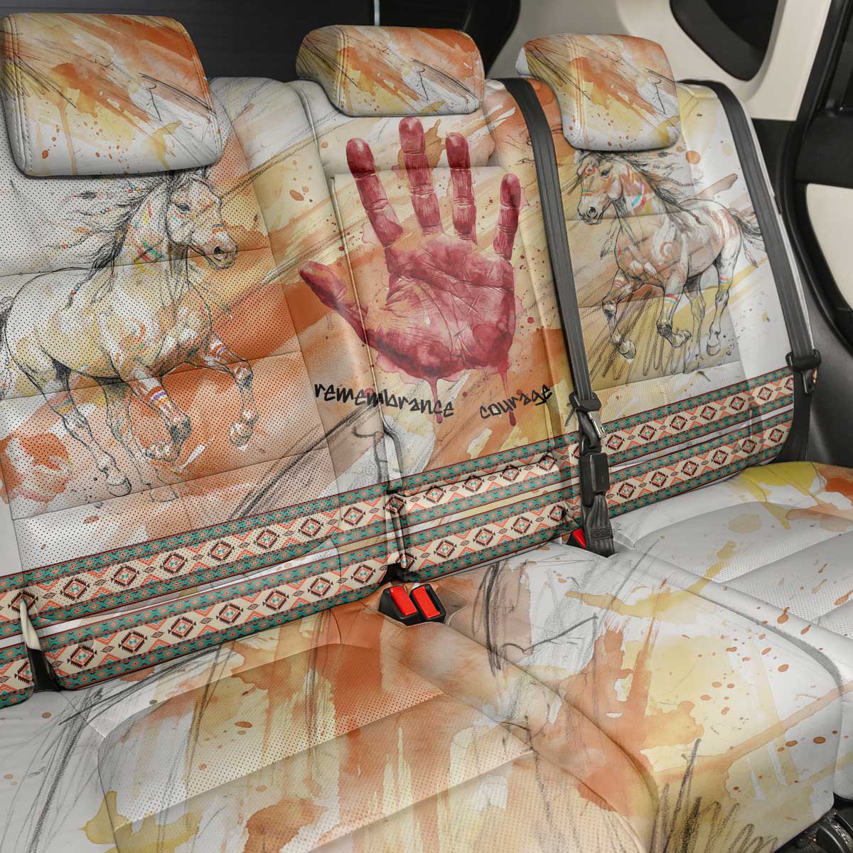 Native American Red Handprint Back Car Seat Cover Watercolor Paint Splash and Brave Horse Art - Wonder Print Shop
