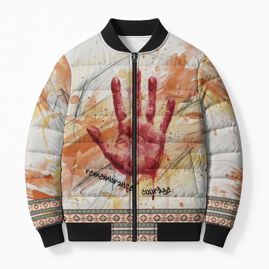 Native American Red Handprint Bomber Puffer Jacket Watercolor Paint Splash and Brave Horse Art - Wonder Print Shop