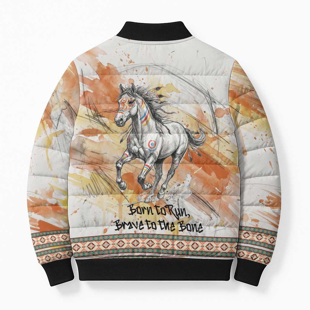 Native American Red Handprint Bomber Puffer Jacket Watercolor Paint Splash and Brave Horse Art - Wonder Print Shop