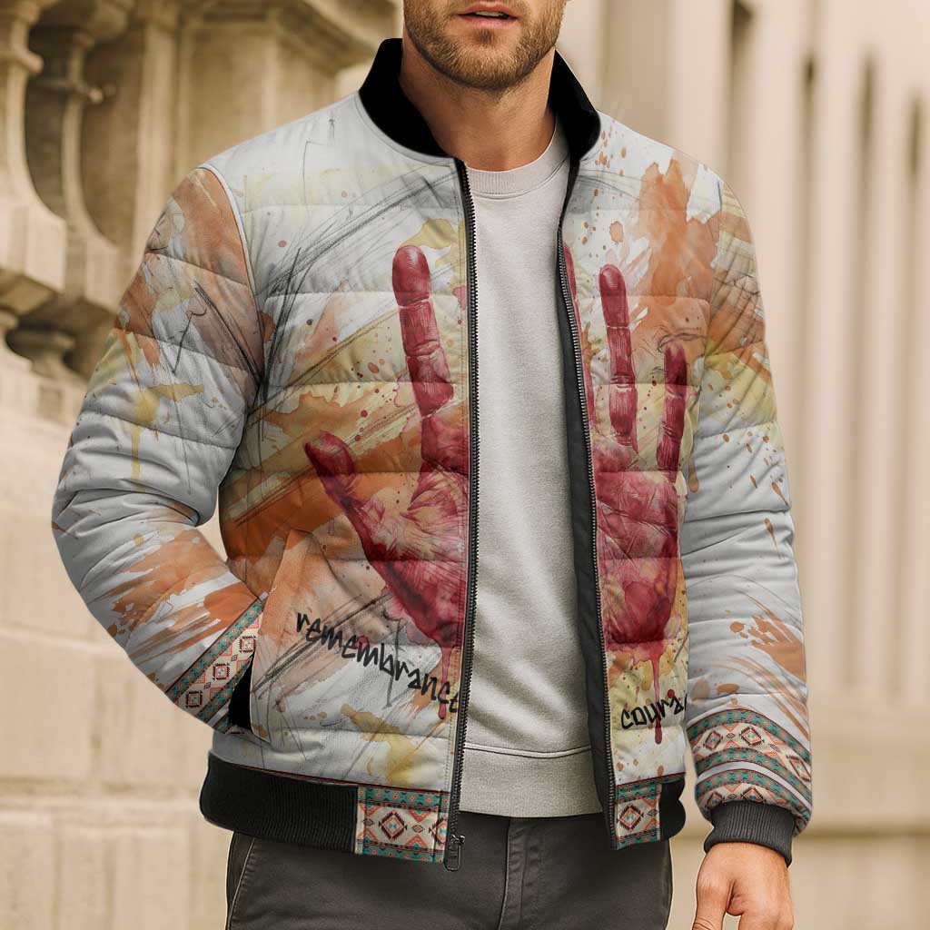 Native American Red Handprint Bomber Puffer Jacket Watercolor Paint Splash and Brave Horse Art - Wonder Print Shop