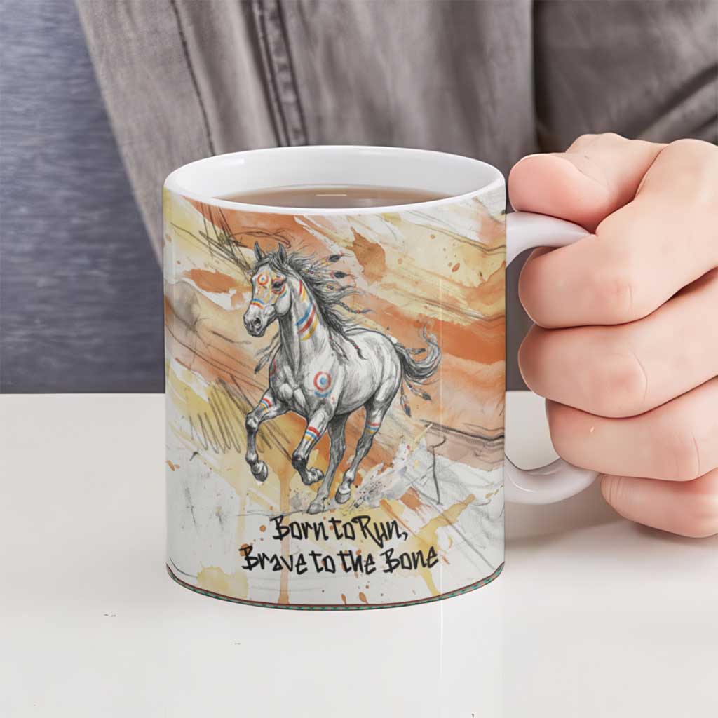 Native American Red Handprint Ceramic Mug Watercolor Paint Splash and Brave Horse Art - Wonder Print Shop