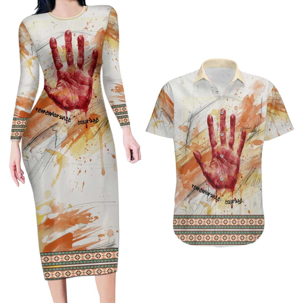 Native American Red Handprint Couples Matching Long Sleeve Bodycon Dress and Hawaiian Shirt Watercolor Paint Splash and Brave Horse Art - Wonder Print Shop