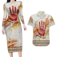 Native American Red Handprint Couples Matching Long Sleeve Bodycon Dress and Hawaiian Shirt Watercolor Paint Splash and Brave Horse Art - Wonder Print Shop