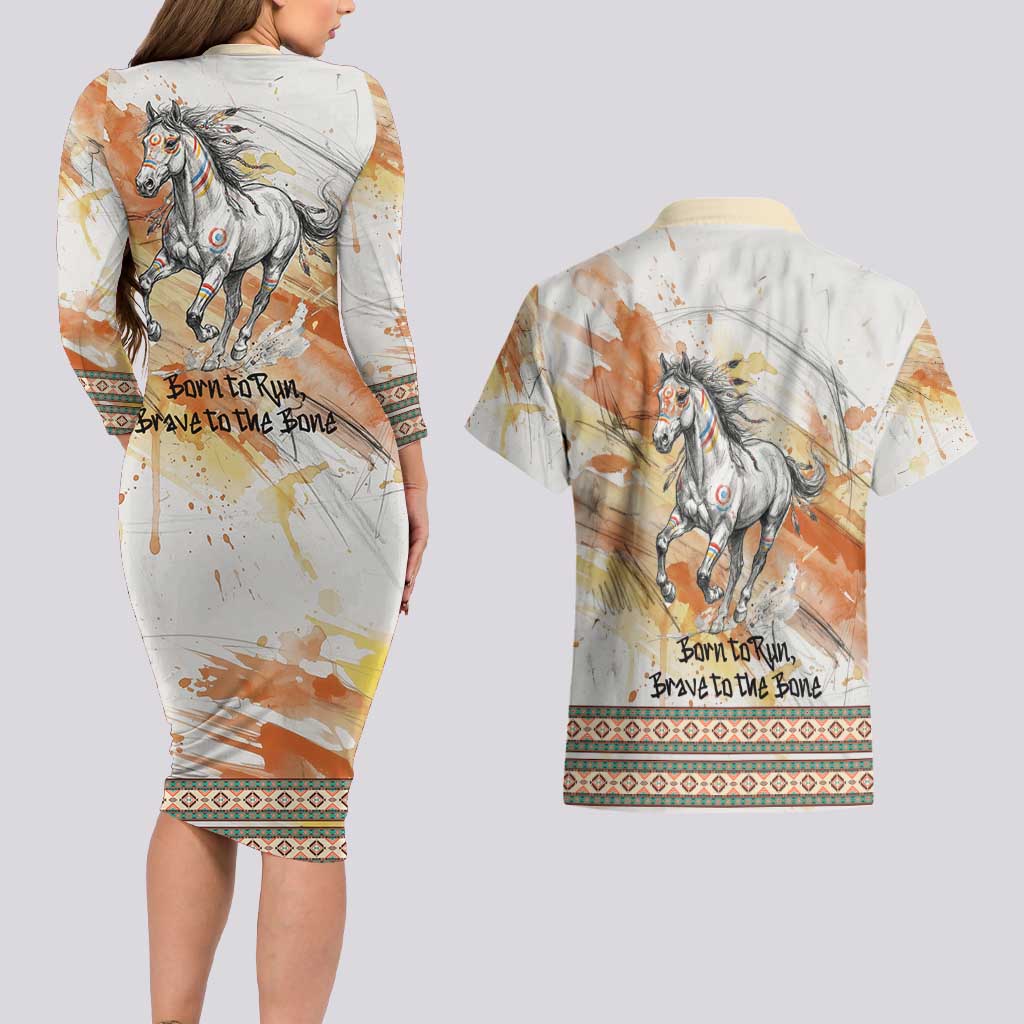 Native American Red Handprint Couples Matching Long Sleeve Bodycon Dress and Hawaiian Shirt Watercolor Paint Splash and Brave Horse Art - Wonder Print Shop