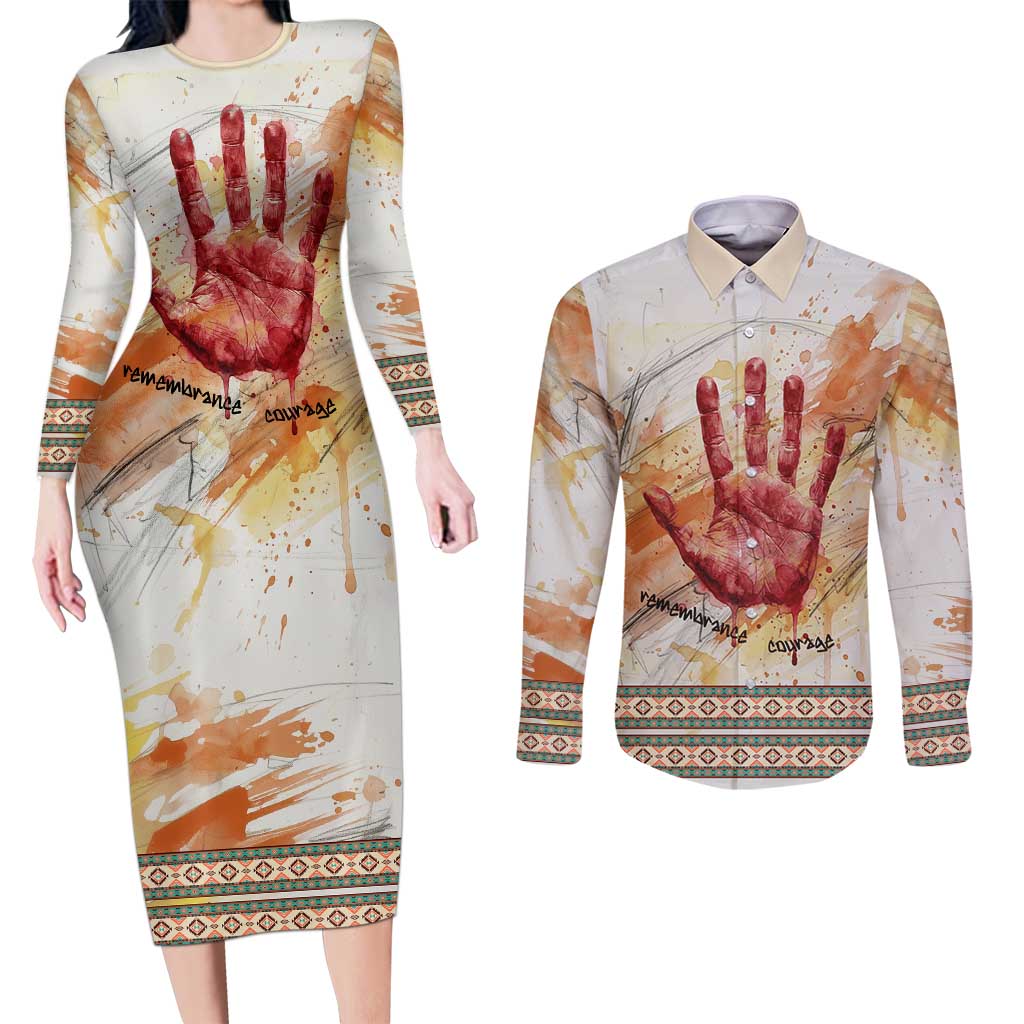 Native American Red Handprint Couples Matching Long Sleeve Bodycon Dress and Long Sleeve Button Shirt Watercolor Paint Splash and Brave Horse Art - Wonder Print Shop