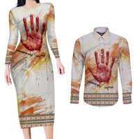 Native American Red Handprint Couples Matching Long Sleeve Bodycon Dress and Long Sleeve Button Shirt Watercolor Paint Splash and Brave Horse Art - Wonder Print Shop