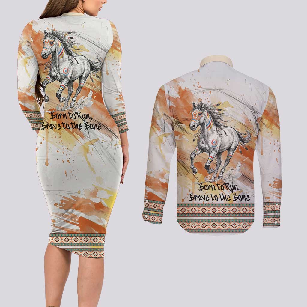 Native American Red Handprint Couples Matching Long Sleeve Bodycon Dress and Long Sleeve Button Shirt Watercolor Paint Splash and Brave Horse Art - Wonder Print Shop