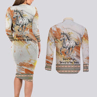 Native American Red Handprint Couples Matching Long Sleeve Bodycon Dress and Long Sleeve Button Shirt Watercolor Paint Splash and Brave Horse Art - Wonder Print Shop