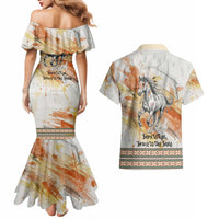 Native American Red Handprint Couples Matching Mermaid Dress and Hawaiian Shirt Watercolor Paint Splash and Brave Horse Art - Wonder Print Shop