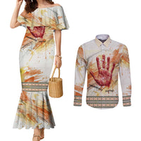 Native American Red Handprint Couples Matching Mermaid Dress and Long Sleeve Button Shirt Watercolor Paint Splash and Brave Horse Art - Wonder Print Shop