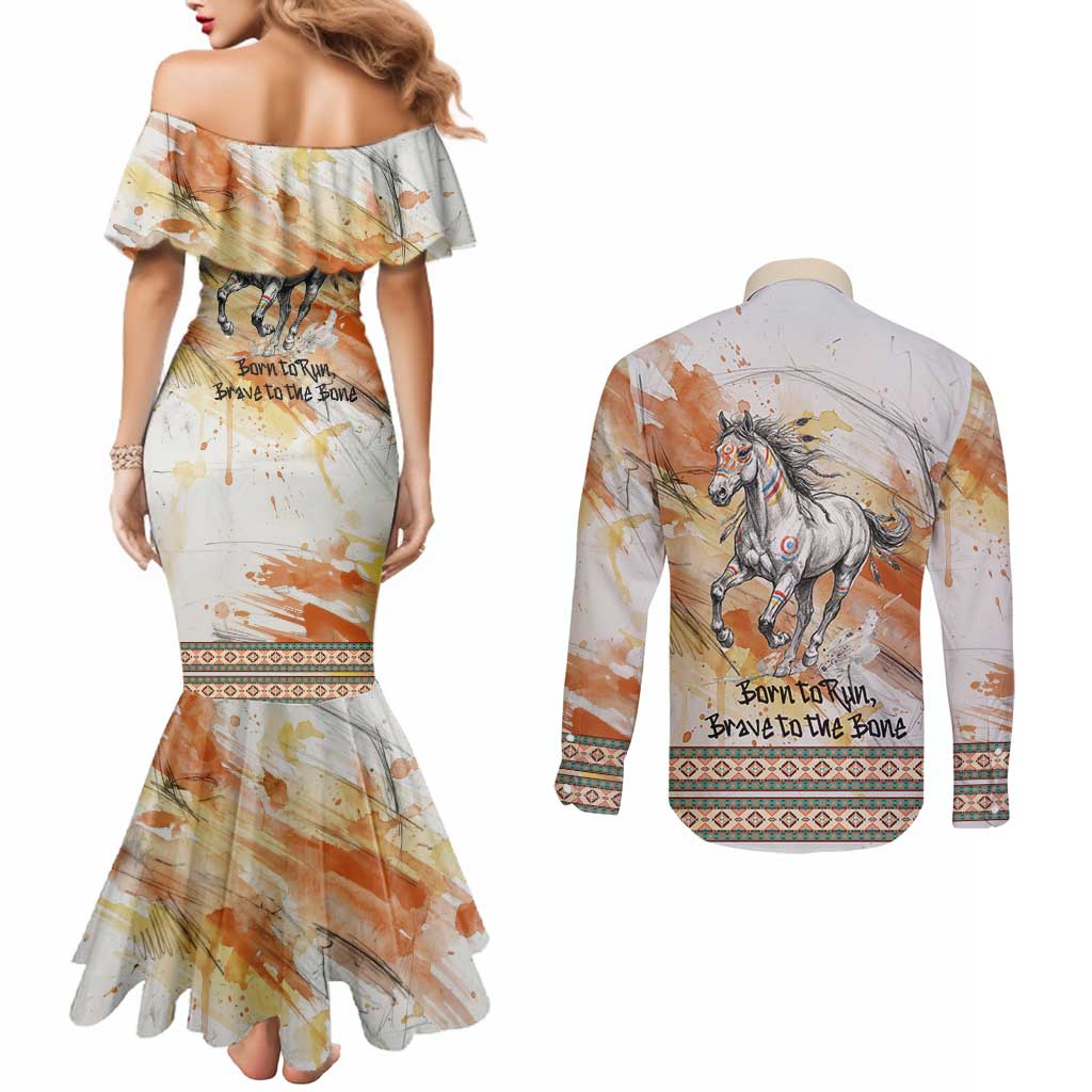Native American Red Handprint Couples Matching Mermaid Dress and Long Sleeve Button Shirt Watercolor Paint Splash and Brave Horse Art - Wonder Print Shop
