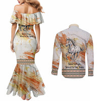 Native American Red Handprint Couples Matching Mermaid Dress and Long Sleeve Button Shirt Watercolor Paint Splash and Brave Horse Art - Wonder Print Shop