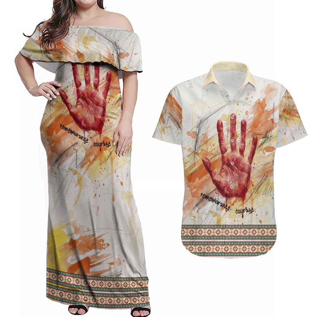 Native American Red Handprint Couples Matching Off Shoulder Maxi Dress and Hawaiian Shirt Watercolor Paint Splash and Brave Horse Art - Wonder Print Shop