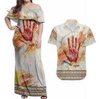 Native American Red Handprint Couples Matching Off Shoulder Maxi Dress and Hawaiian Shirt Watercolor Paint Splash and Brave Horse Art - Wonder Print Shop