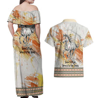 Native American Red Handprint Couples Matching Off Shoulder Maxi Dress and Hawaiian Shirt Watercolor Paint Splash and Brave Horse Art - Wonder Print Shop