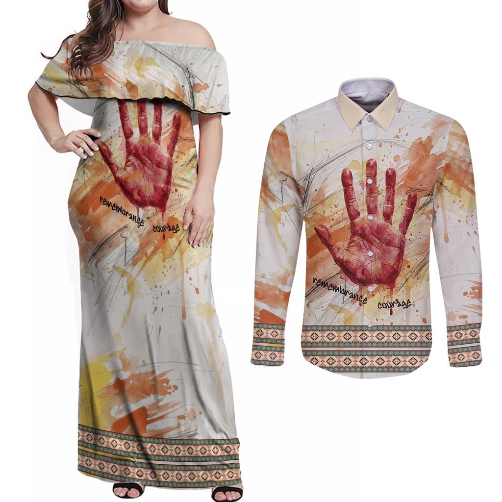 Native American Red Handprint Couples Matching Off Shoulder Maxi Dress and Long Sleeve Button Shirt Watercolor Paint Splash and Brave Horse Art - Wonder Print Shop
