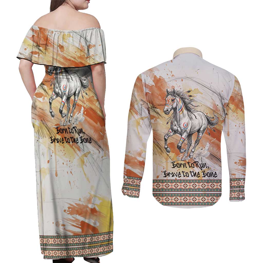 Native American Red Handprint Couples Matching Off Shoulder Maxi Dress and Long Sleeve Button Shirt Watercolor Paint Splash and Brave Horse Art - Wonder Print Shop